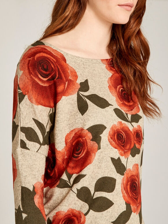 Coral Graphic Rose Print Oversize Top, Coral, large