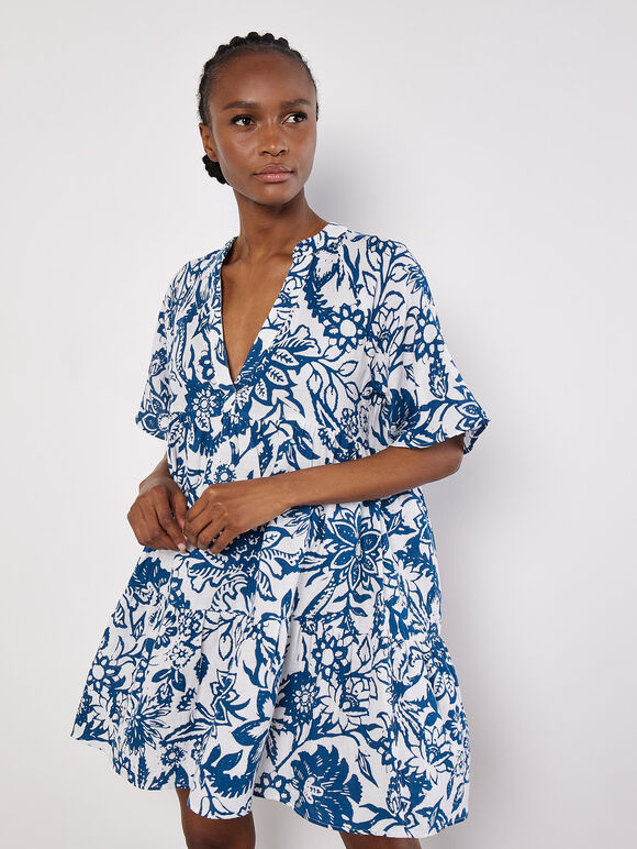 Floral Cotton Mini Dress, Blue, large