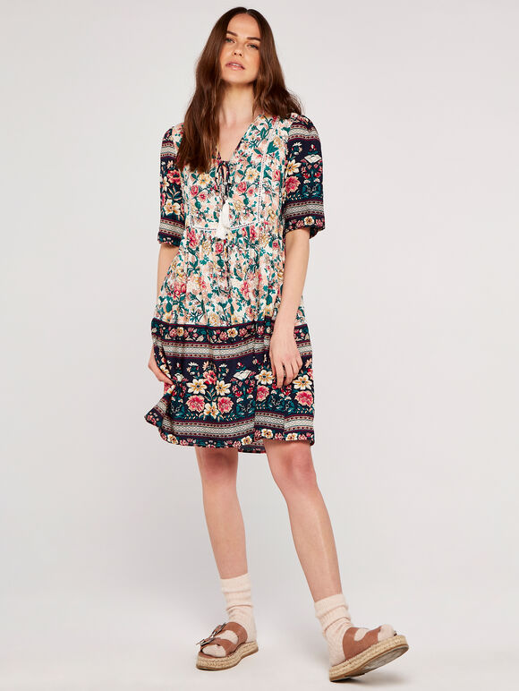 Floral Border Dress, Cream, large