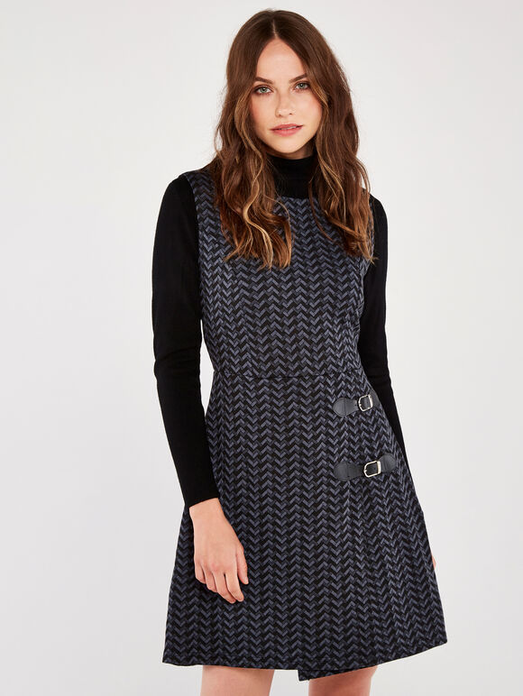 Herringbone 2 Buckle Wrap Dress, Black, large