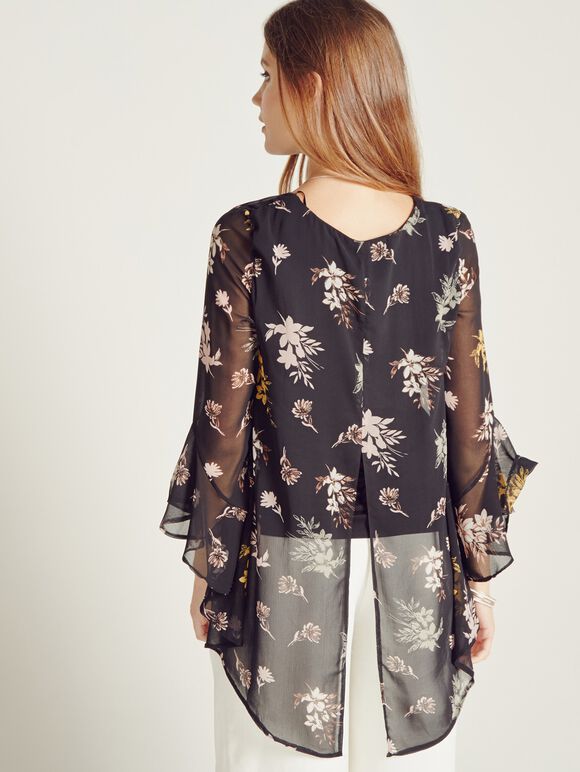 Vintage Floral Flute Sleeve Blouse, Black, large