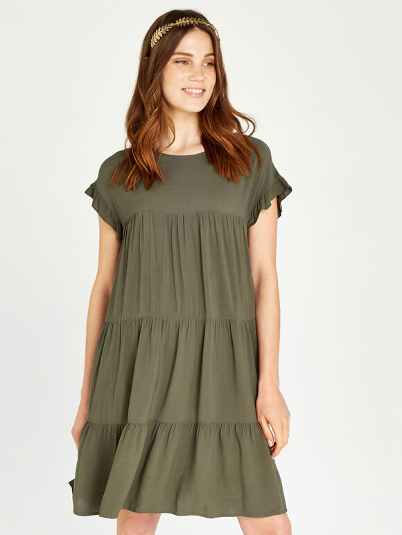Ruffle Sleeve Detail Tiered Dress, Khaki, large