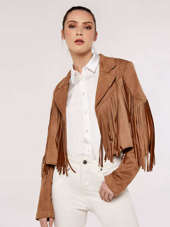 Fringed Suedette Jacket, Brown, large