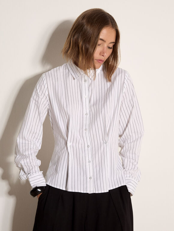 Cinched Cotton Stripe Shirt, White, large