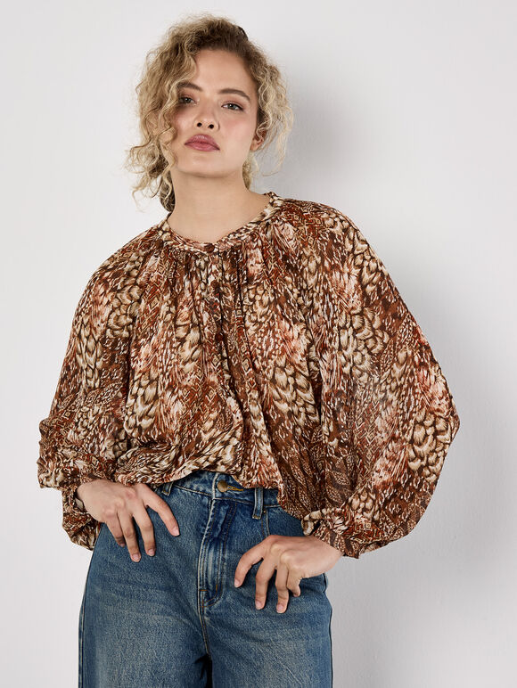 Patchwork Feather Print Chiffon Top, Red, large