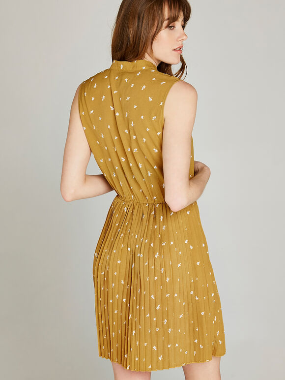 Yellow Floral Pleated Dress, Mustard, large