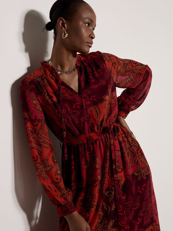 Patchwork Paisley Chiffon Maxi Dress, Burgundy, large
