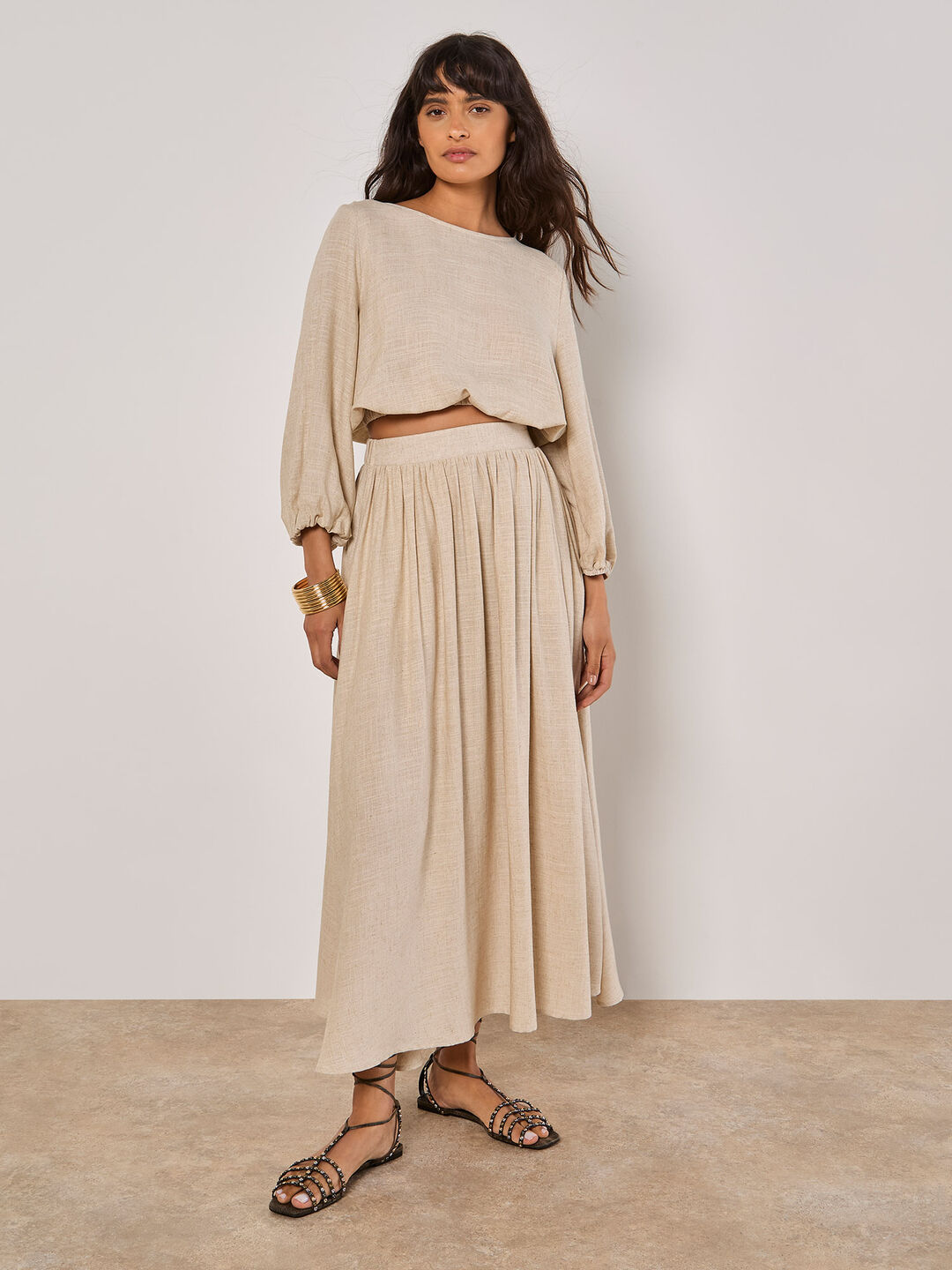 Image of Linen Blend Bubble Hem Crop Top and Midi Skirt Co-Ord