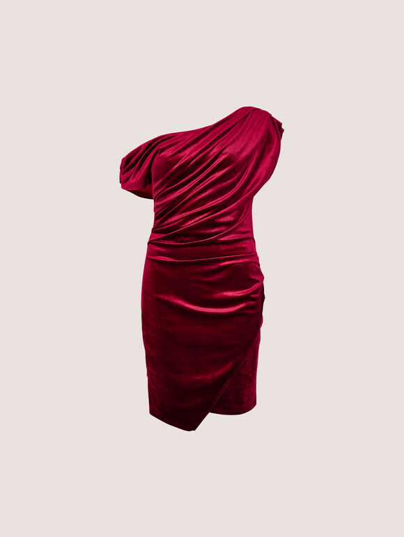 One-Shoulder Velvet Bodycon Mini Dress, Red, large