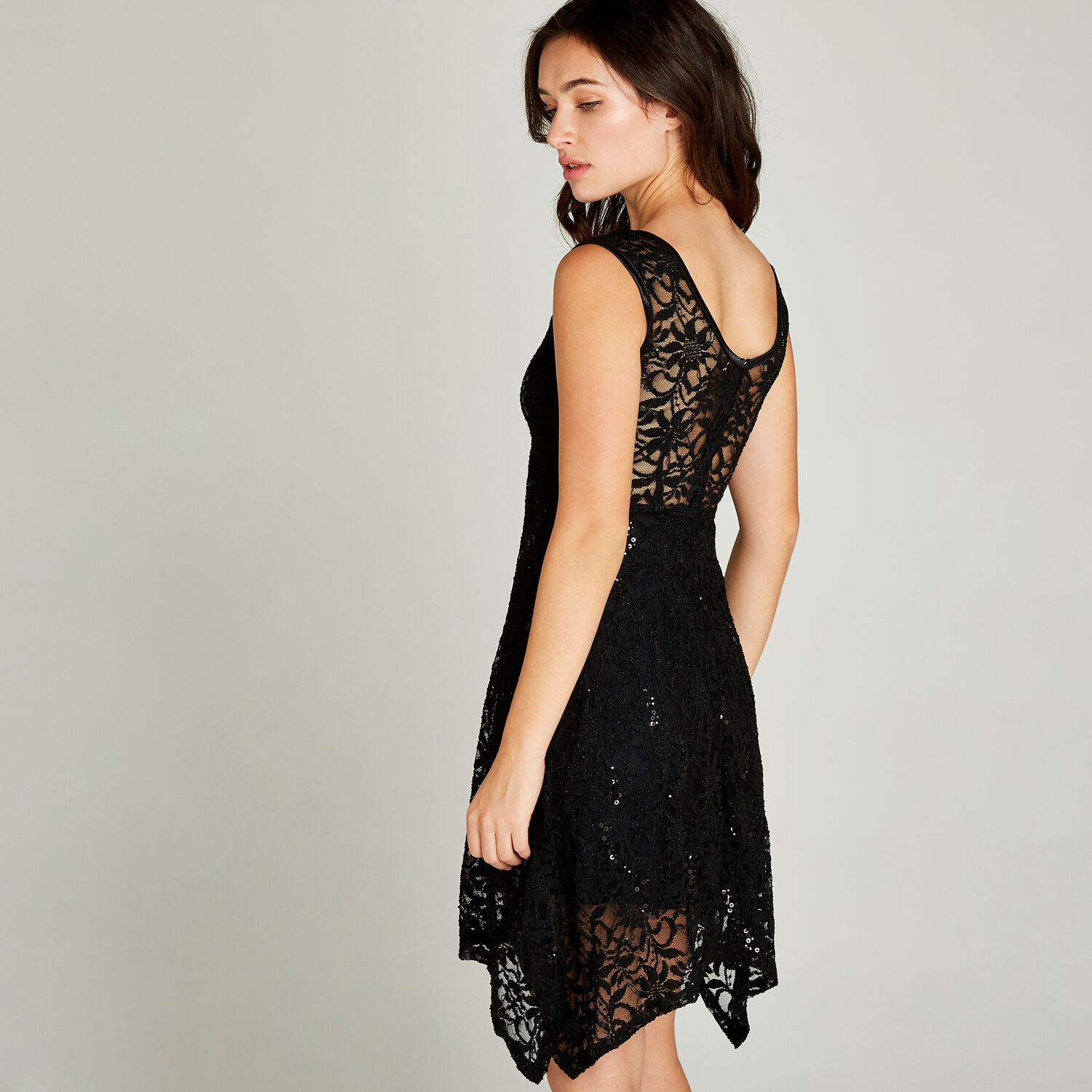 Sequin Lace Hanky Hem Skater Dress Apricot Clothing