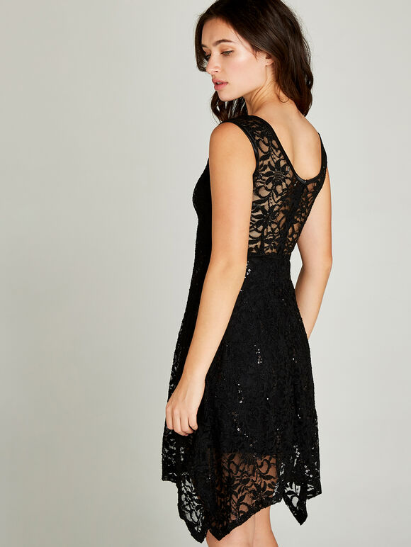 Sequin Lace Hanky Hem Skater Dress, Black, large