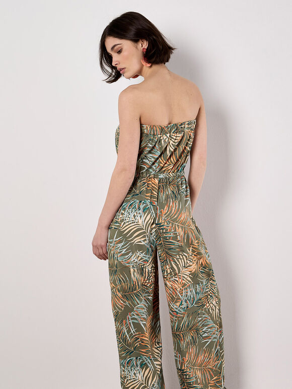 Bandeau Leaf Wide Leg Jumpsuit, Khaki, large
