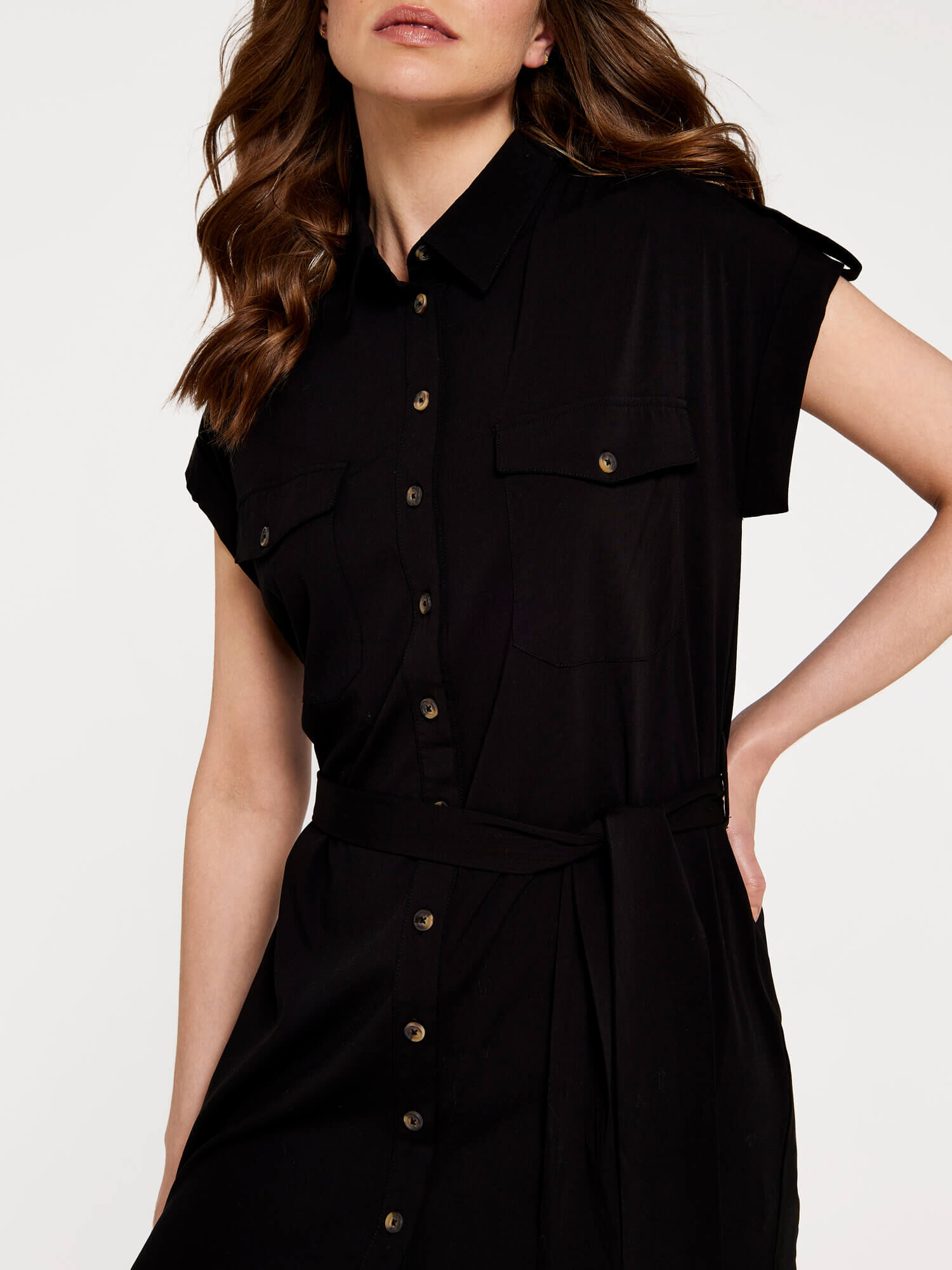 Long black button down shop dress