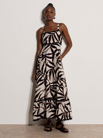 Leaf Silhouette Ric Rac Trim Maxi Dress