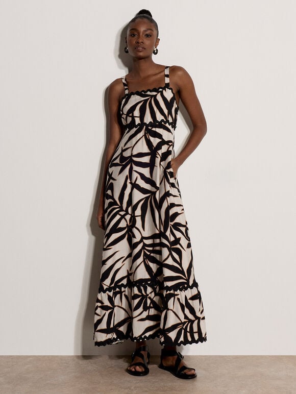 Leaf Silhouette Ric Rac Trim Maxi Dress, Stone, large