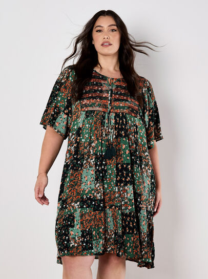 Patchwork Print Crinkle Mini Dress