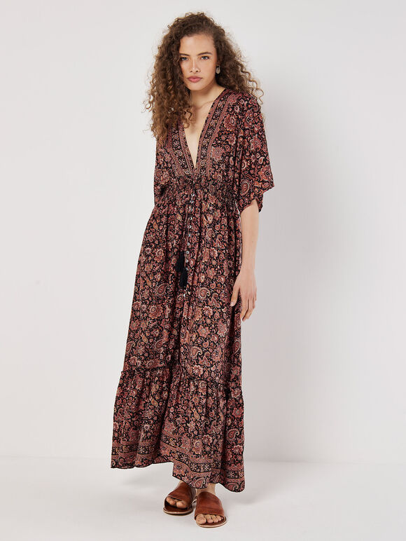 Foil Floral Paisley Satin Maxi Dress, Black, large