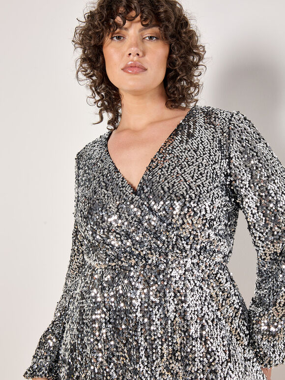 Curve Sequin Wrap Mini Dress, Light Grey / Silver, large