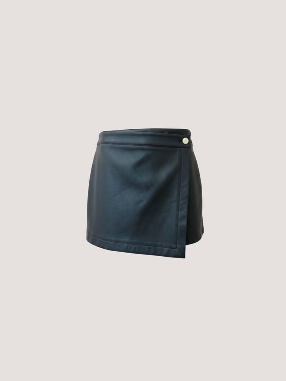 Faux Leather Wrap Mini Skort, Black, large