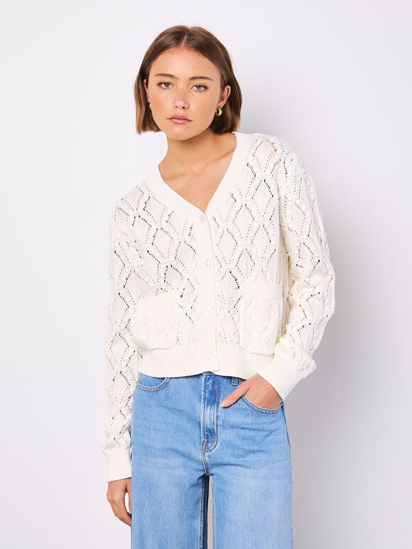 Pointelle Knitted Cardigan, White, large