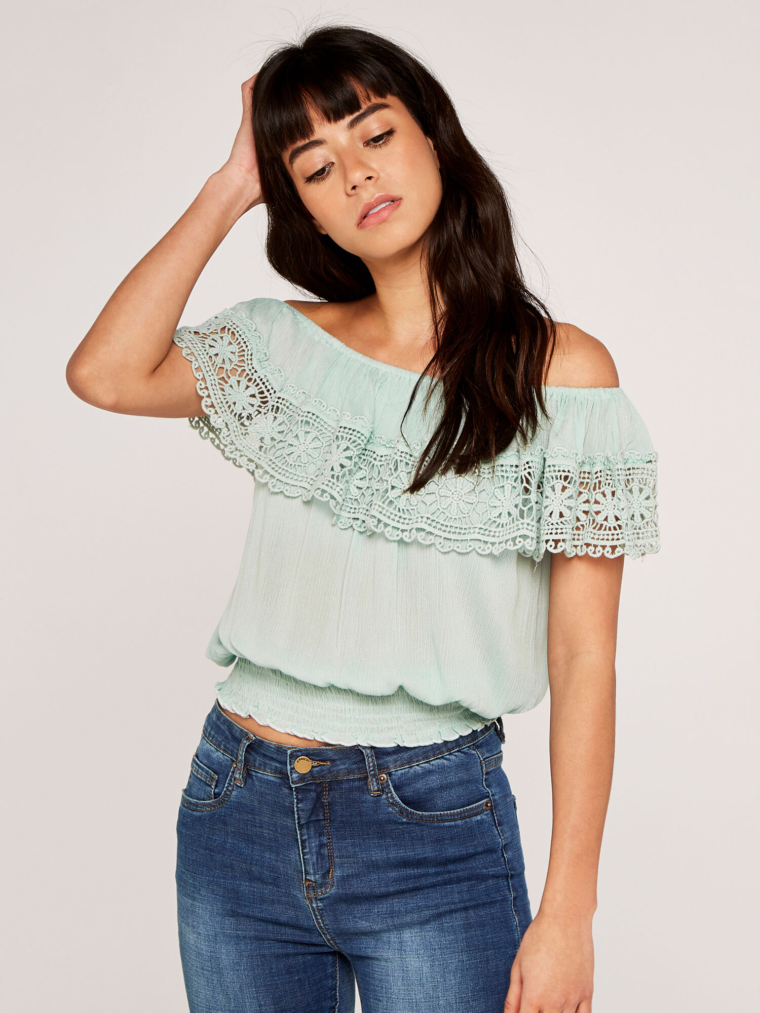 Mint green off the shoulder top best sale