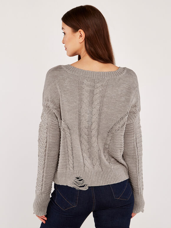 Aran And Mixed Knit Crop Top, Grey, large