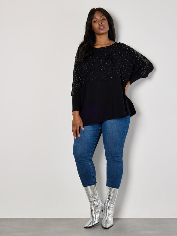 Curve Rhinestone Embellished Batwing Jumper, Black, large