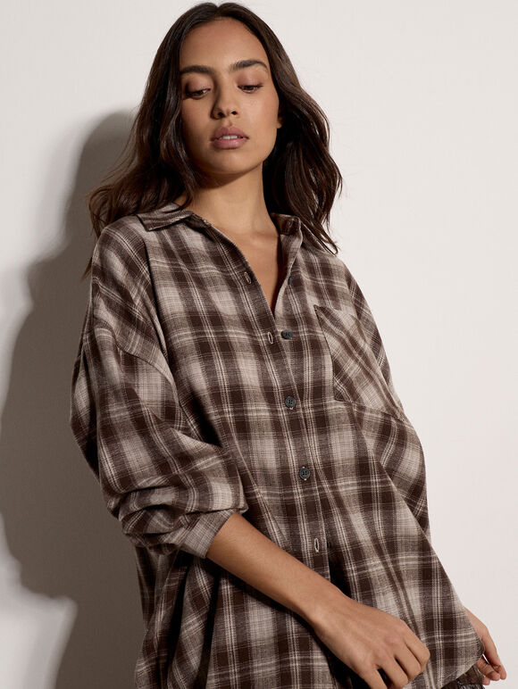 Check Print Oversized Shirt, Brown, large