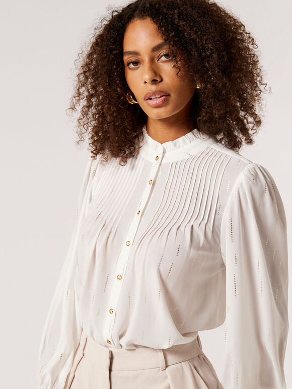 Pintuck Pleat Gold Foil Chiffon Blouse, Cream, large