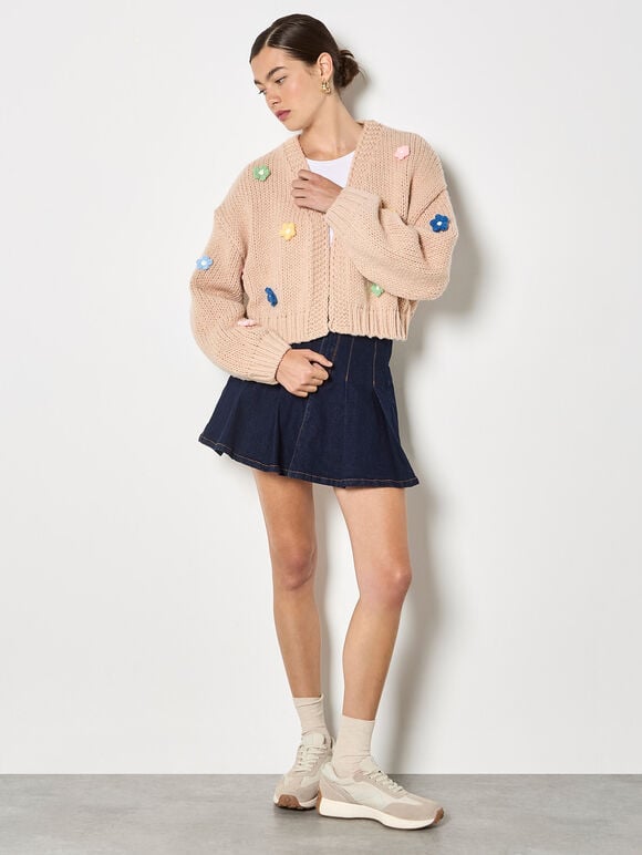 Applique Daisies Chunky Knit Cardigan, Stone, large