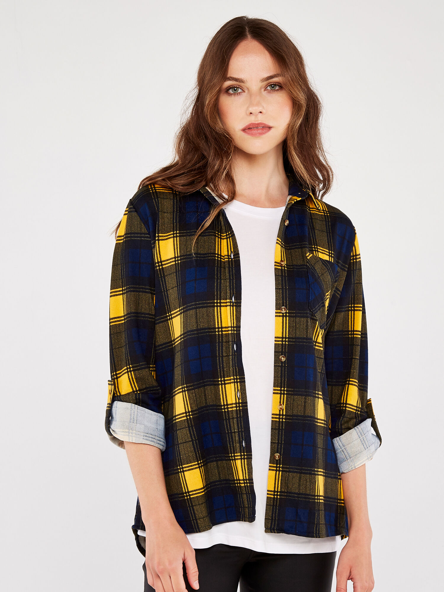 Plaid Fleece Lined 1 Pocket Shirt Apricot Clothing