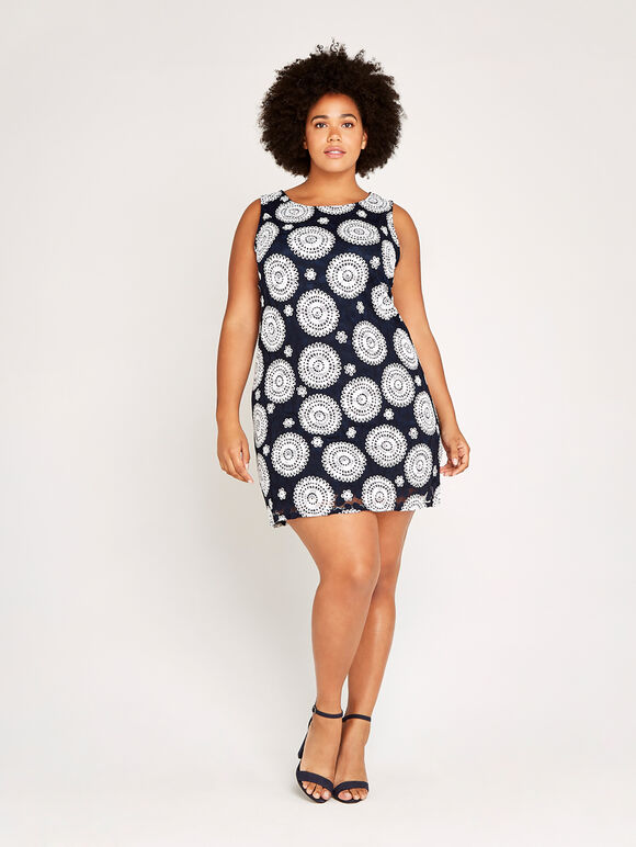 Navy Kaleidoscope Rubber Stamp Shift Dress+, Navy, large