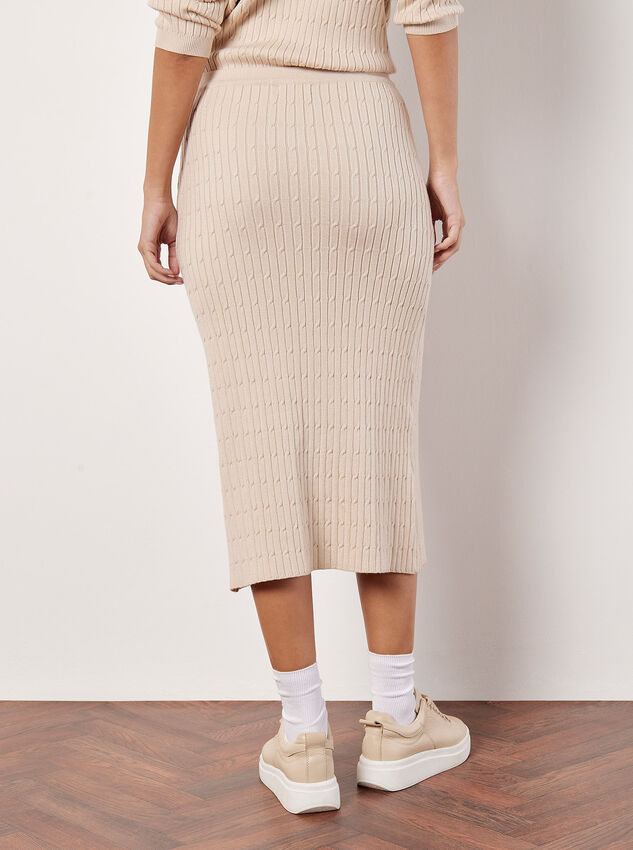 Fine Knit Cable Midi Skirt, Stone, large