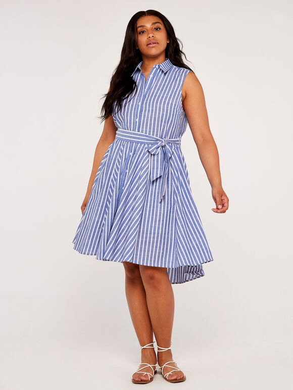 Curve Pinstripe Button Tie Waist Dress