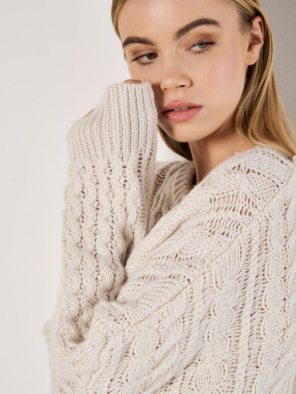 Oversized Cable Knit Jumper Mini Dress, Cream, large