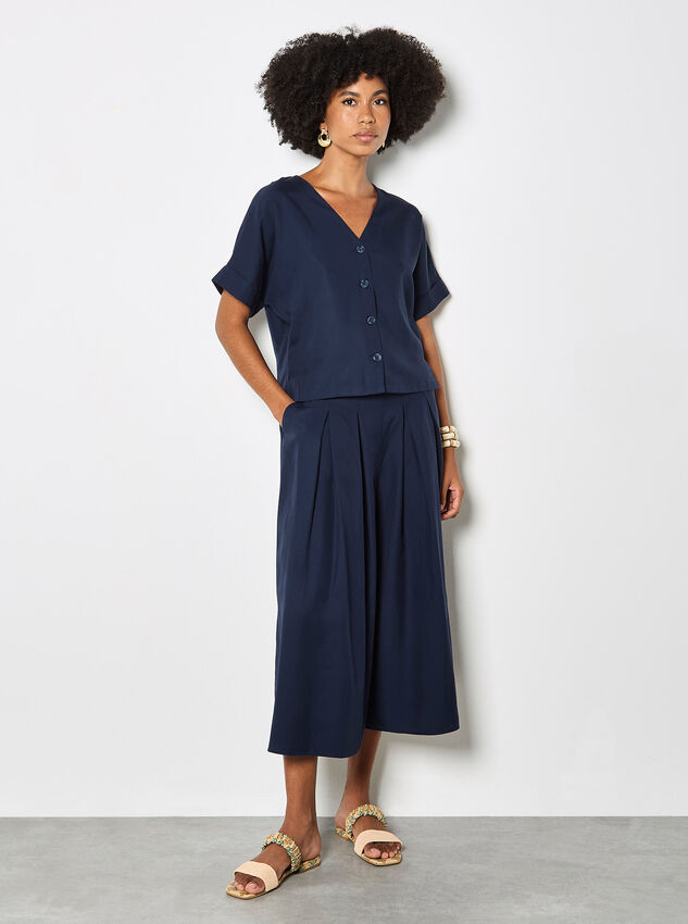 Pleated Wide-Leg Culotte Trousers, Navy, large