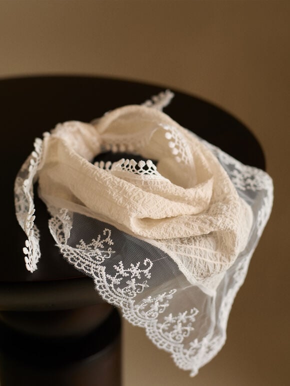 Lace Trim Head Scarf, White, large