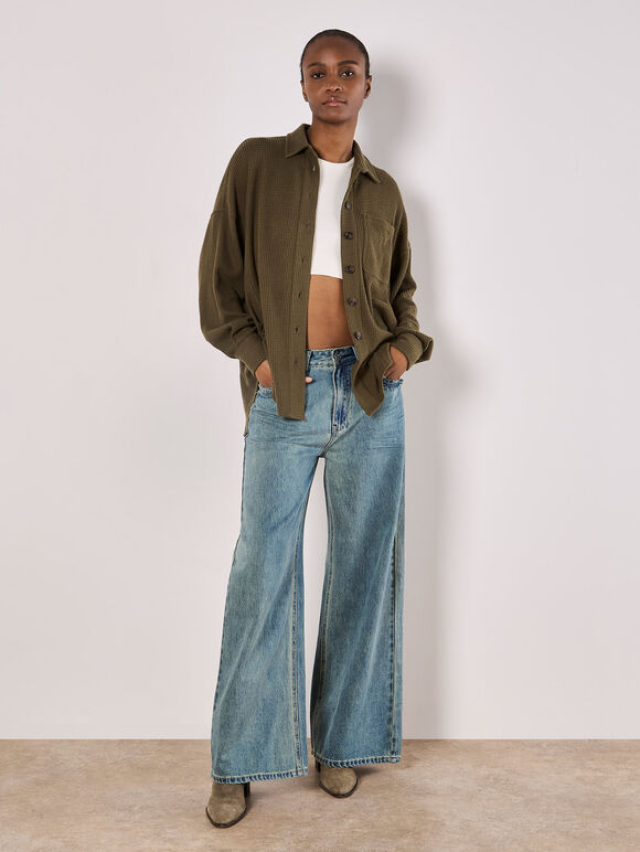 Oversized Waffle Knit Shirt, Khaki, large