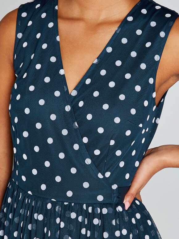 Navy Polkadot Mesh Ribbon Tie Midi Dress, Navy, large