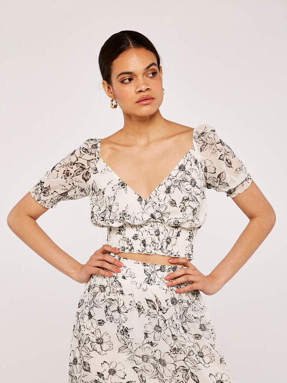 Floral Puff Sleeve Top, Cream, large
