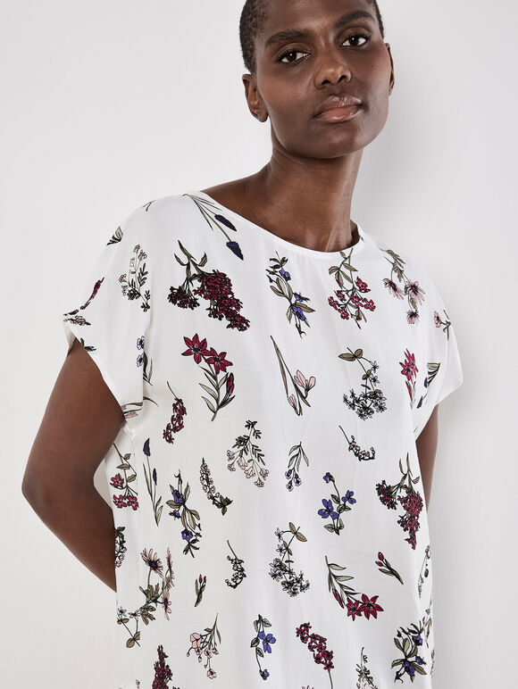 Botanical Floral Print Woven T-Shirt, White, large