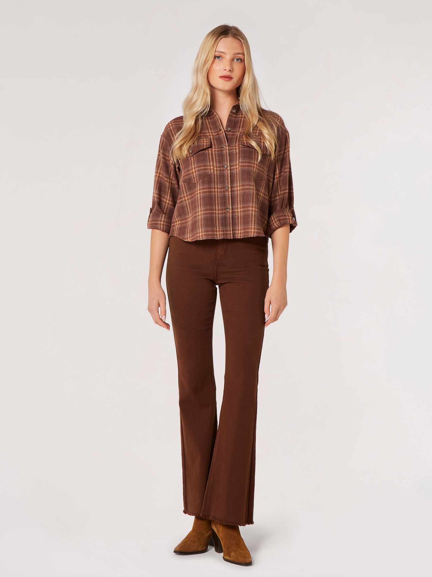 Brown plaid dress shirt sales