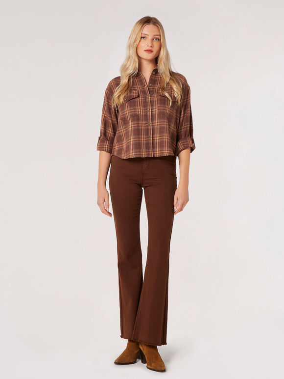 Check Print Cropped Shirt, Brown, large