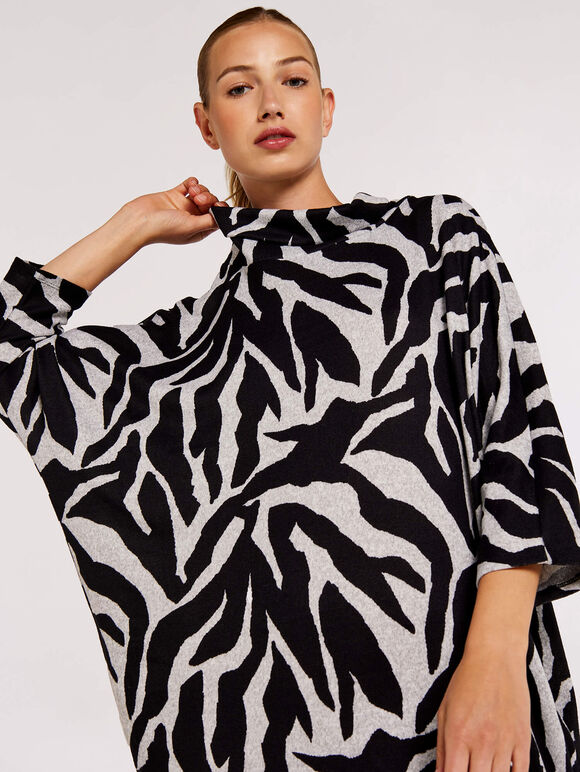 Zebra Print Cocoon Mini Dress, Grey, large
