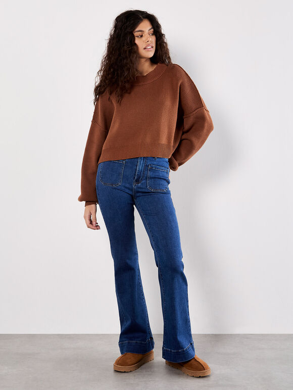 Ribbed Knit Cropped Jumper, Rust, large