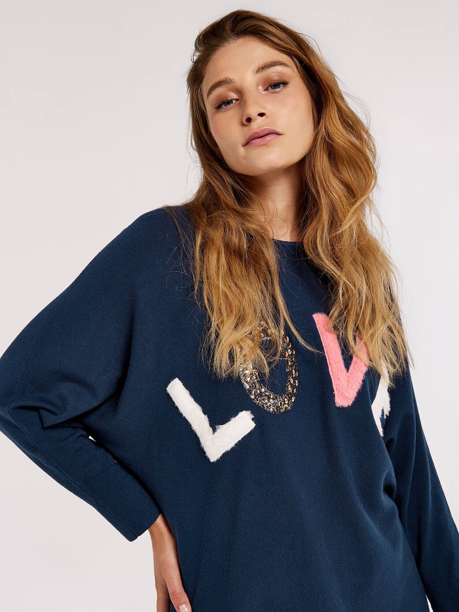 Sequin Love Jumper Apricot Clothing