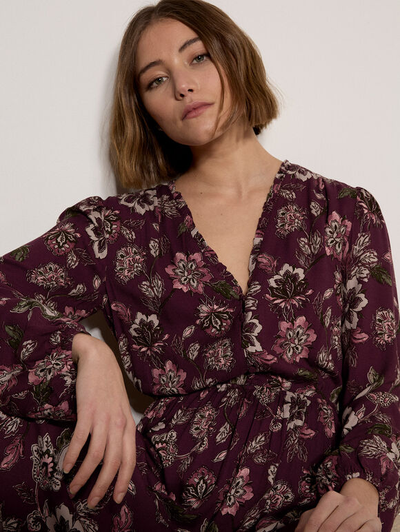 Floral Ruffle Mini Dress, Burgundy, large