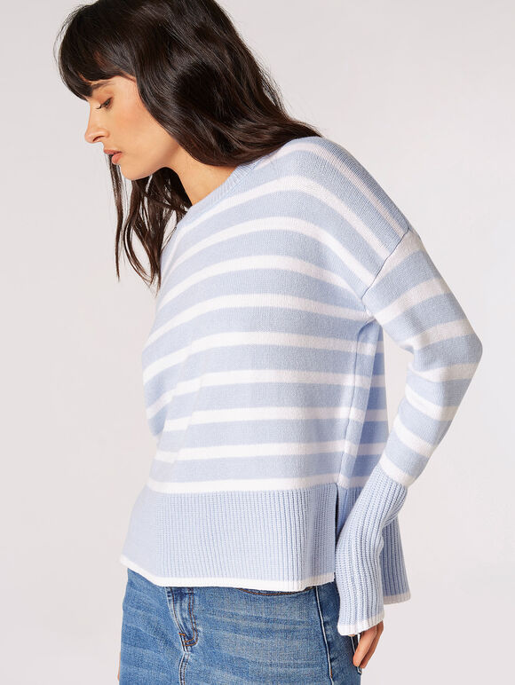 Split Hem Stripe Knitted Jumper, Blue, large