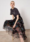 Floral Tiered Tulle Midi Skirt, Black, large