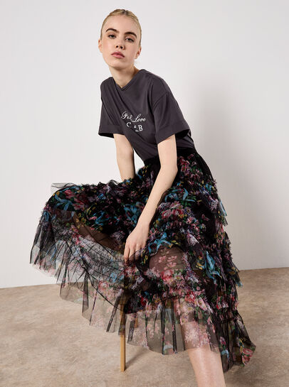 Floral Tiered Tulle Midi Skirt